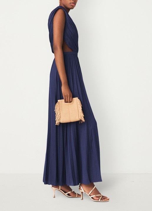 Maje Revi maxi one shoulder jurk met plooien en cut-out detail - detail 5 donkerblauw