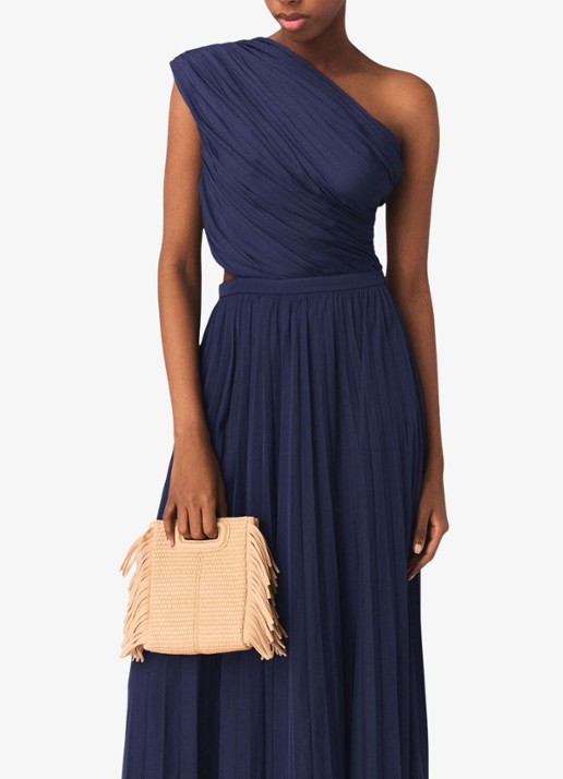 Maje Revi maxi one shoulder jurk met plooien en cut-out detail - detail 6 donkerblauw