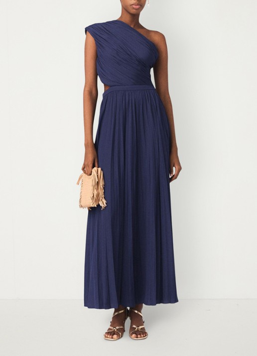 Maje Revi maxi one shoulder jurk met plooien en cut-out detail - voorkant 3 donkerblauw