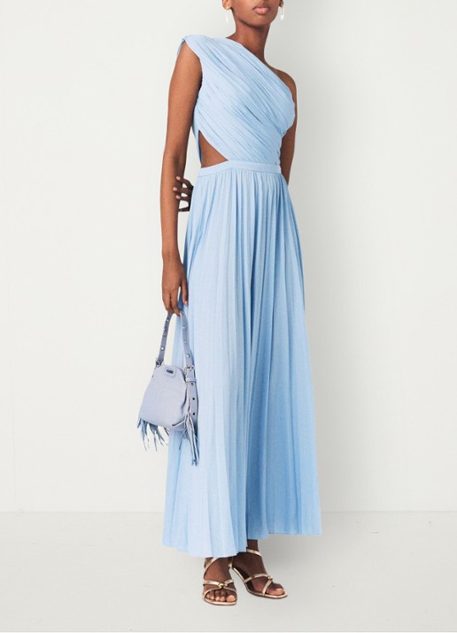 Maje Revi maxi one shoulder jurk met plooien en cut-out detail - voorkant 7 blauw