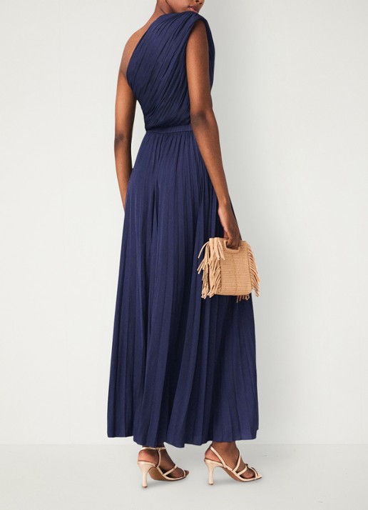 Maje Revi maxi one shoulder jurk met plooien en cut-out detail - achterkant 2 donkerblauw
