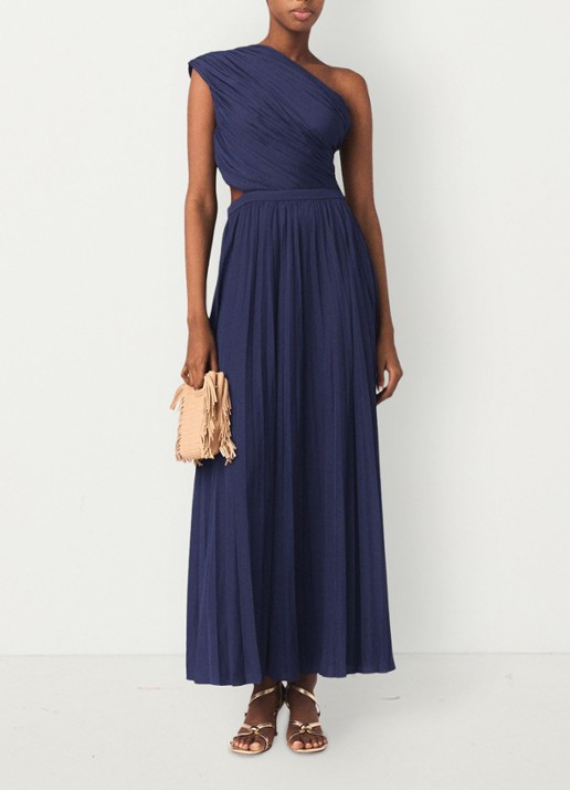 Maje Revi maxi one shoulder jurk met plooien en cut-out detail - detail 9 donkerblauw