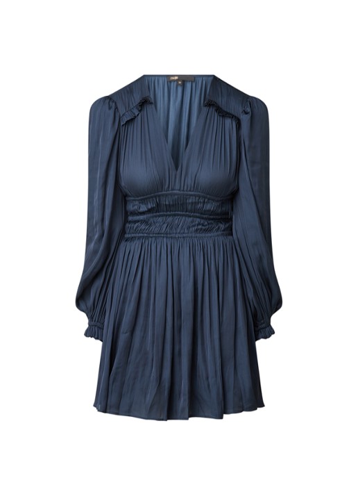 Maje Rianne mini jurk van satijn met ruches en smockwerk - voorkant 3 donkerblauw
