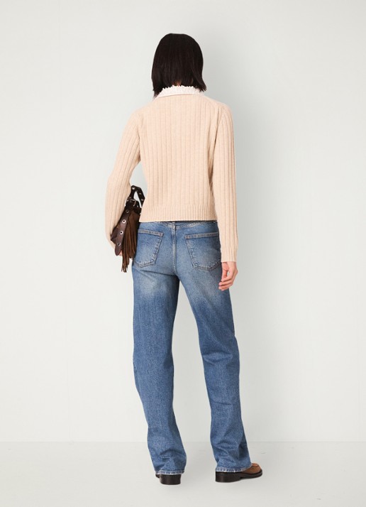 Maje Ribgebreid vest in wolblend met afneembare kraag - achterkant beige