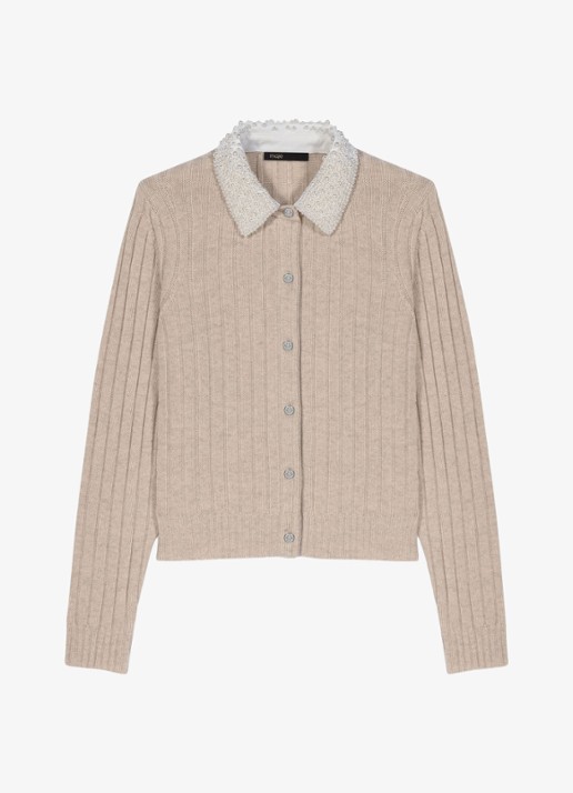 Maje Ribgebreid vest in wolblend met afneembare kraag - voorkant 2 beige