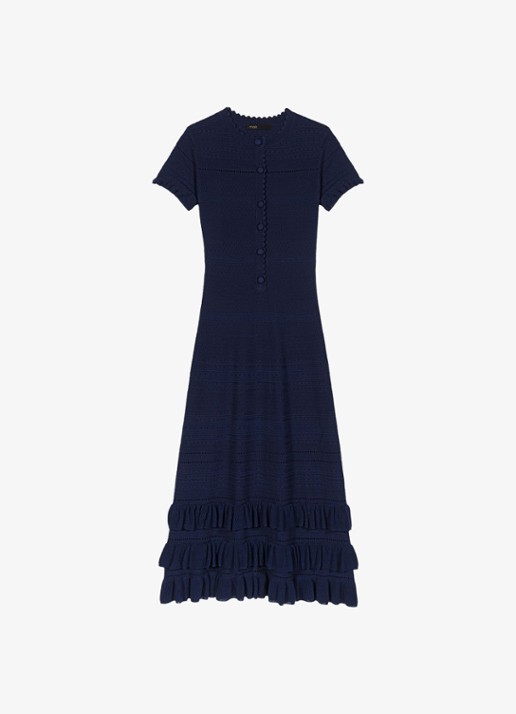 Maje Ribgebreide midi tuniekjurk met ruches - voorkant donkerblauw