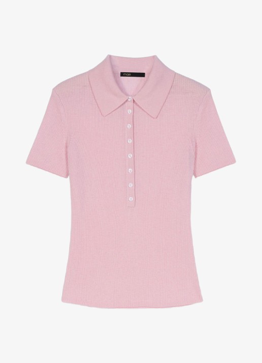 Maje Ribgebreide polo in wolblend - voorkant roze