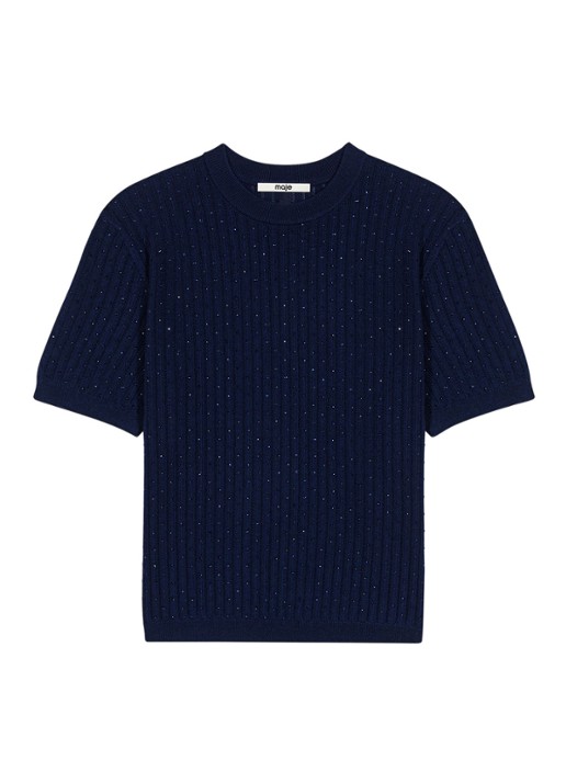 Maje Ribgebreide pullover in wolblend met strass - voorkant donkerblauw
