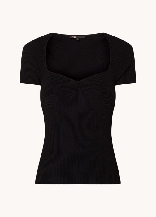 Maje Ribgebreide top met stretch - voorkant 2 zwart