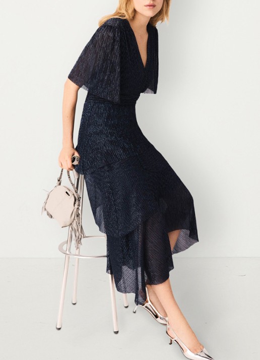 Maje Ruffiba midi jurk met volant - detail 2 donkerblauw