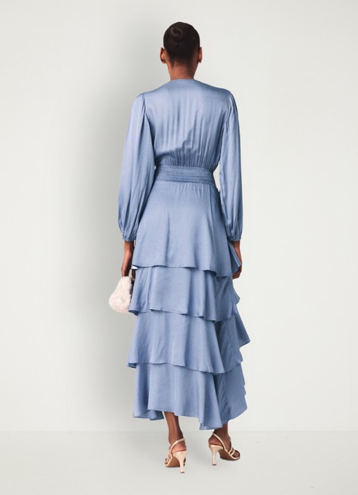 Maje Ruffinello midi jurk met smockwerk en ballonmouw - achterkant blauw