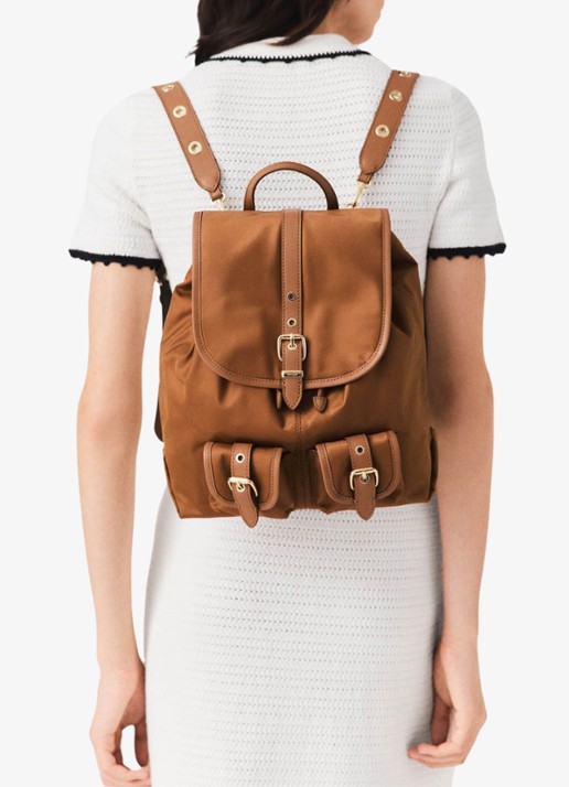 Maje Rugtas van leer en nylon - voorkant 3 camel