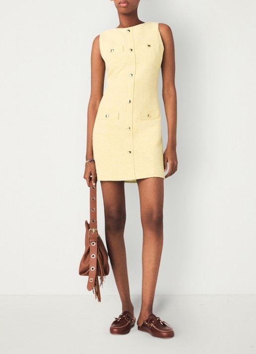 Maje Rylener mini jurk met tweed-look - voorkant lichtgeel