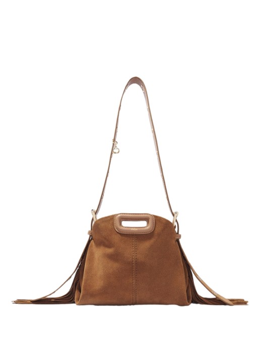 Maje Schoudertas van suéde met franjes - voorkant 5 camel