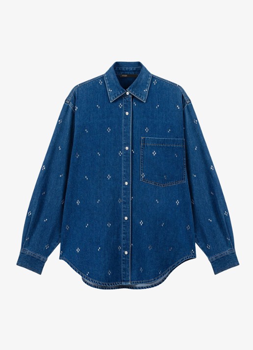 Maje Spijkerjas met strass en borstzak - voorkant donkerblauw
