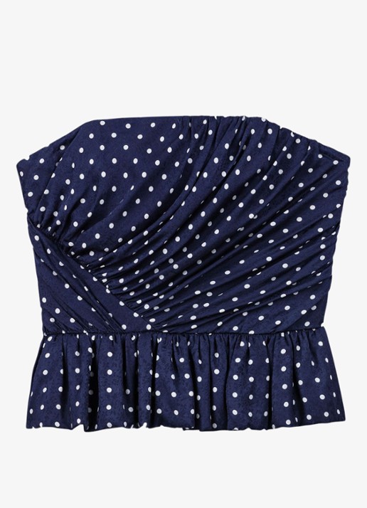 Maje Strapless top met stippenprint - voorkant donkerblauw