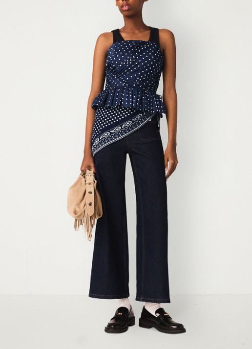 Maje Strapless top met stippenprint - voorkant 2 donkerblauw