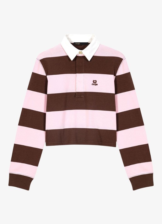 Maje Tipolay polo met streepprint en logoborduring - voorkant 2 bruin