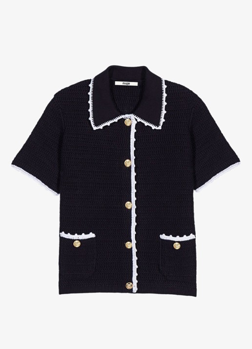 Maje Vest met haakwerkbies - voorkant 6 donkerblauw
