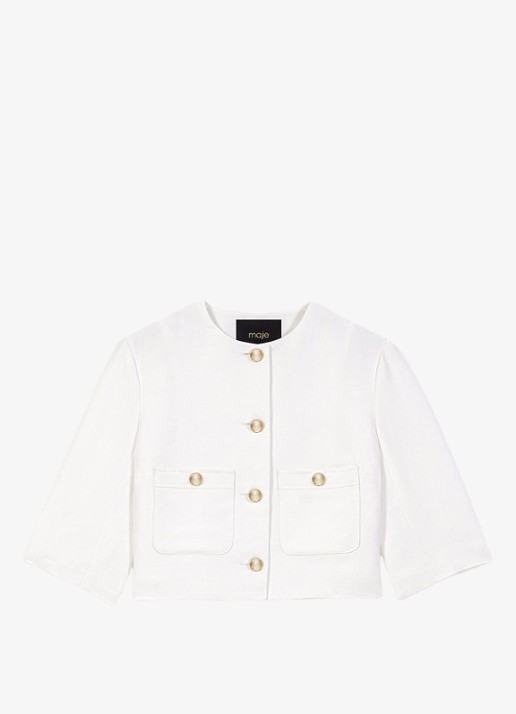 Maje Vytenia cropped blazer in linnenblend met borstzakken - voorkant 5 wit