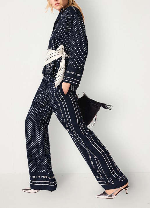 Maje Wide fit palazzo broek met pailsey print - detail 5 donkerblauw