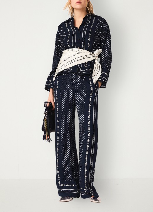 Maje Wide fit palazzo broek met pailsey print - voorkant 3 donkerblauw