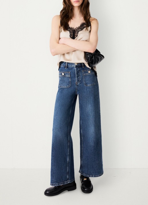 Maje Wide leg jeans met opgestikte zakken - voorkant 7 donkerblauw