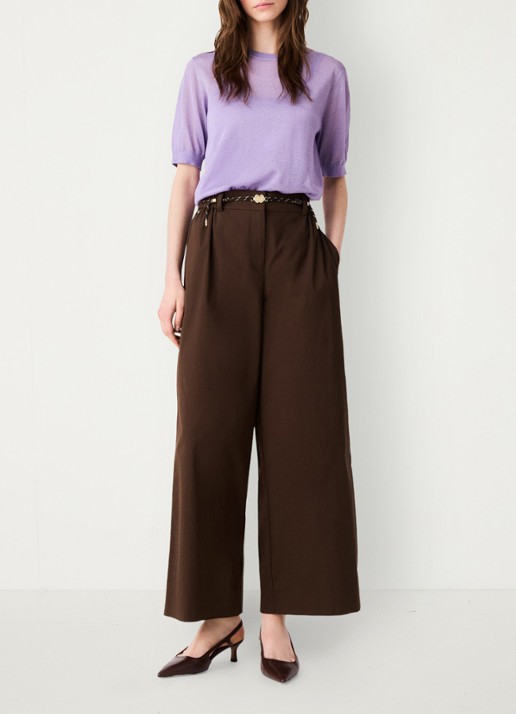 Maje Wide leg pantalon met gevlochten ceintuur - voorkant 2 brown / bruin