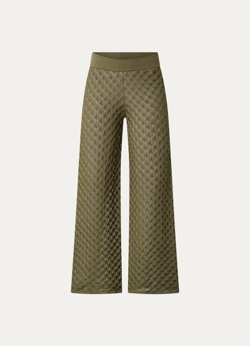 Malina Alissa grofgebreide high waist wide fit broek - voorkant 3 olijfgroen