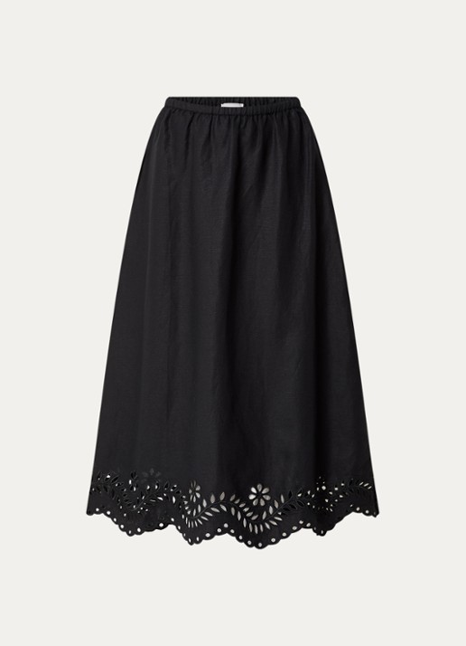 Malina Chara midi rok in linnenblend met broderie - voorkant zwart