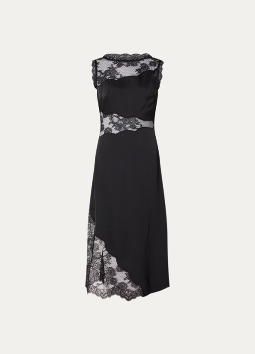 Malina Desire midi jurk van satijn met details van kant - voorkant 2 zwart