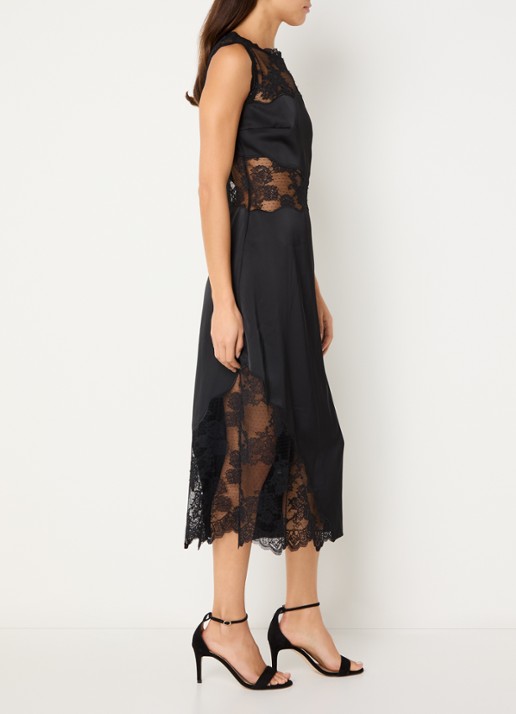 Malina Desire midi jurk van satijn met details van kant - voorkant 3 zwart