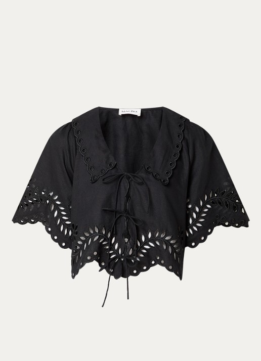Malina Estela blouse met broderie en gestrikt detail - voorkant zwart