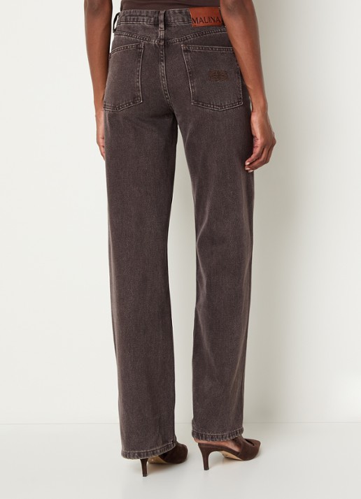 Malina Katia high waist straight leg jeans met siernaad - achterkant donkerbruin