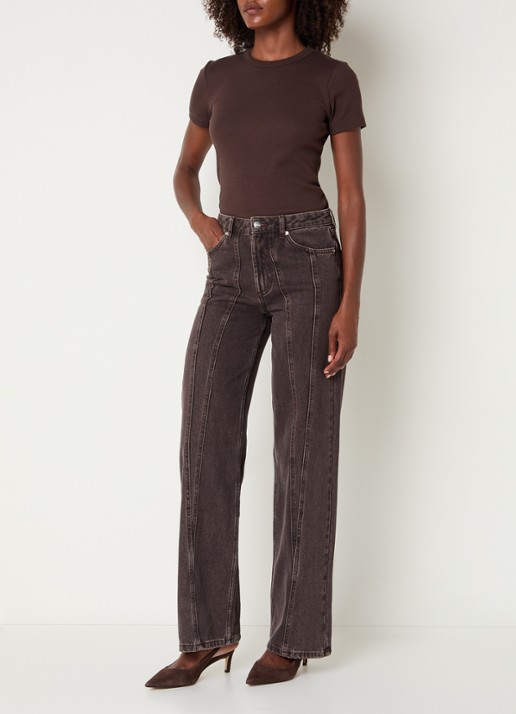 Malina Katia high waist straight leg jeans met siernaad - voorkant 5 donkerbruin