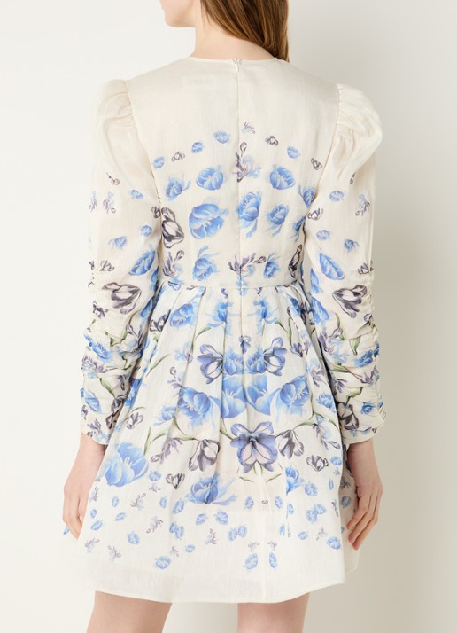 Malina Leoni mini jurk in zijdeblend met bloemenprint - achterkant gebroken wit