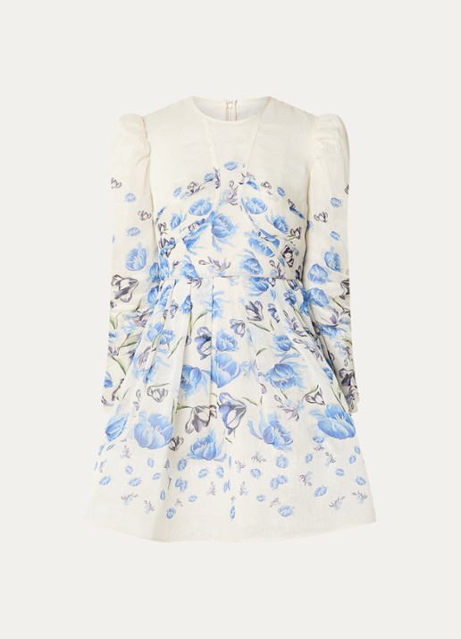 Malina Leoni mini jurk in zijdeblend met bloemenprint - voorkant 3 gebroken wit