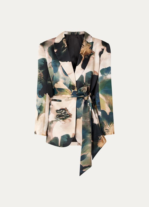 Malina Liv blazer van satijn met strikceintuur - voorkant beige