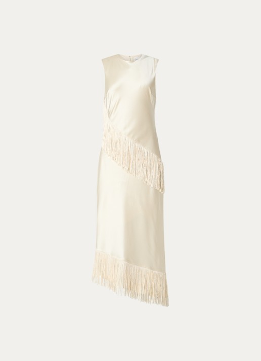 Malina Lovis midi jurk van satijn met franjes - voorkant 2 creme