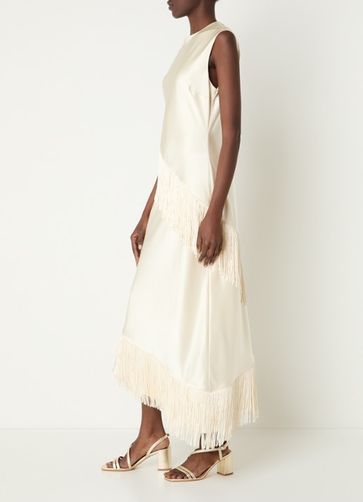 Malina Lovis midi jurk van satijn met franjes - voorkant 3 creme
