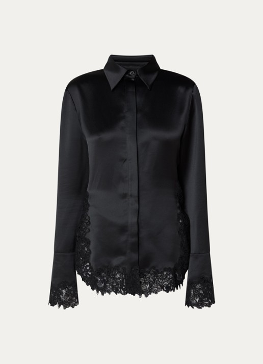Malina Malou blouse van satijn met details van kant - voorkant zwart