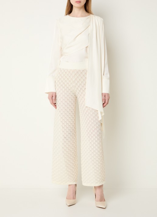 Malina Martina grofgebreide high waist wide fit broek - voorkant 3 creme