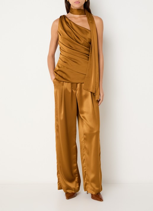 Malina Sarah high waist wide leg pantalon van satijn - voorkant 3 donkeroranje