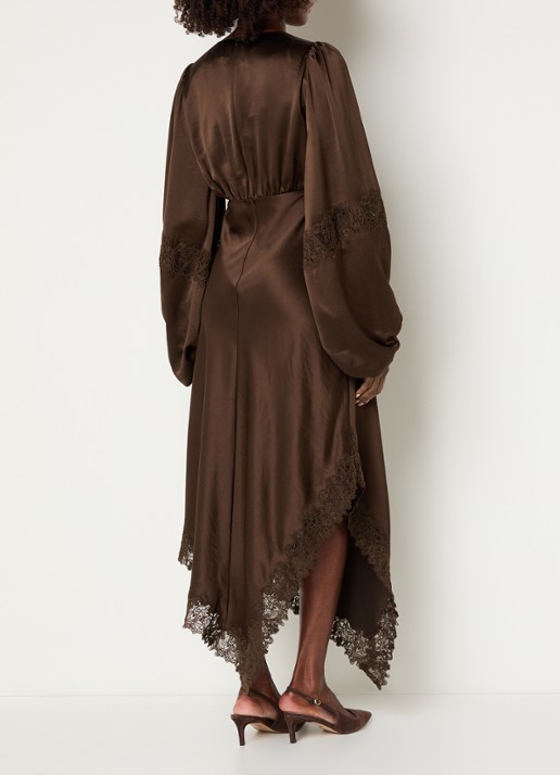 Malina Seema midi jurk van satijn met asymmetrische zoom en details van kant - achterkant bruin