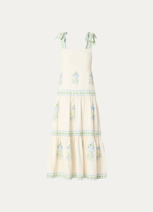 Malina Stefania midi jurk in linnenblend met bloemenprint - voorkant 3 beige