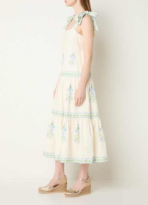 Malina Stefania midi jurk in linnenblend met bloemenprint - voorkant 4 beige