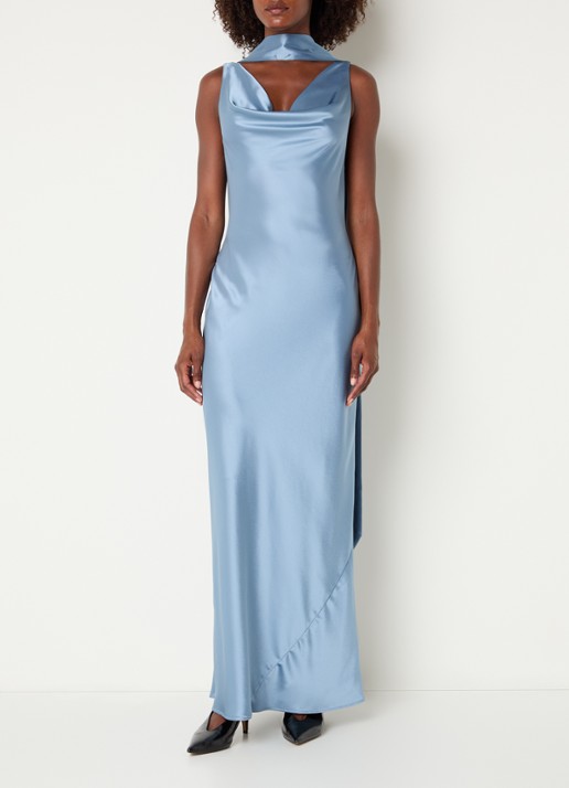 Malina Vida maxi jurk met rugdecolleté - detail staalblauw