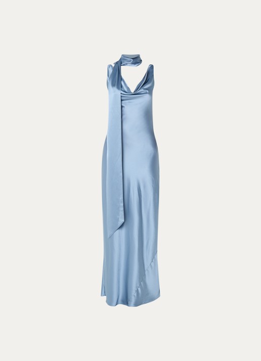Malina Vida maxi jurk met rugdecolleté - voorkant 3 staalblauw