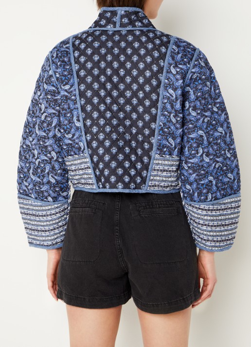 Mango Flores oversized fit reversible openvallend vest met bloemenprint - achterkant middenblauw