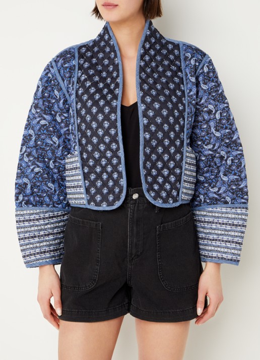 Mango Flores oversized fit reversible openvallend vest met bloemenprint - detail 2 middenblauw